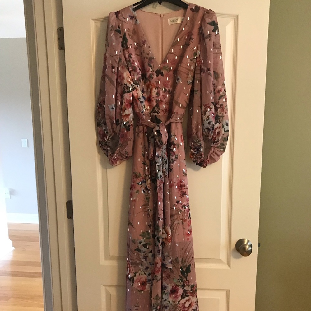 Eliza J floral print, faux wrap, belted dress